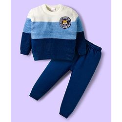 Babyhug Knitted Full Sleeves Sweater Set With Color Block Design & Badge Detailing - Blue & White