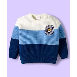 Babyhug Knitted Full Sleeves Sweater Set With Color Block Design & Badge Detailing - Blue & White