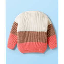 Babyhug Knitted Full Sleeves Sweater Set With Color Block Design & Badge Detailing - Pink & White