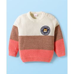 Babyhug Knitted Full Sleeves Sweater Set With Color Block Design & Badge Detailing - Pink & White