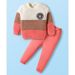 Babyhug Knitted Full Sleeves Sweater Set With Color Block Design & Badge Detailing - Pink & White