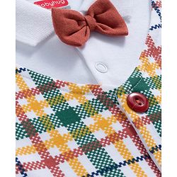 Babyhug Interlock Knit Full Sleeves Party Romper With Attached Checks Waistcoat & Bow Applique - Multicolor
