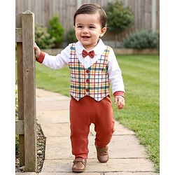 Babyhug Interlock Knit Full Sleeves Party Romper With Attached Checks Waistcoat & Bow Applique - Multicolor