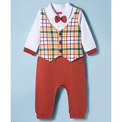 Babyhug Interlock Knit Full Sleeves Party Romper With Attached Checks Waistcoat & Bow Applique - Multicolor