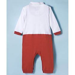 Babyhug Interlock Knit Full Sleeves Party Romper With Attached Checks Waistcoat & Bow Applique - Multicolor