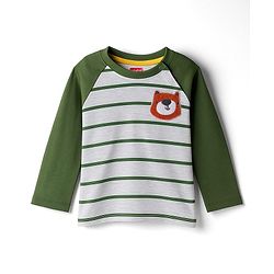 Babyhug 100% Cotton Knit Full Raglan Sleeves T-Shirt with Stripes & Patch Detailing - Green & Grey