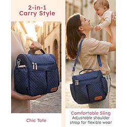 Babyhug 2-in-1 Quilted Sling cum Tote Diaper Bag for Travel - Spacious, Stylish, and Multifunctional| Adjustable Shoulder Strap| Insulated Bottle Pouches| Water Resistant| Carry Handle - Blue