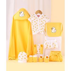 Babyhug Premium 100% Cotton Newborn Gift Set  11 Pcs Clothing Hamper Duck Print - Yellow| Jhabla, Bib, Wrapper, Mittens, Booties, 3 Wash cloths & 2 Nappies| Gift Set for New Born Boys & Girls