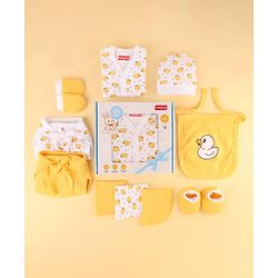 Babyhug Premium 100% Cotton Newborn Gift Set  11 Pcs Clothing Hamper Duck Print - Yellow| Jhabla, Bib, Wrapper, Mittens, Booties, 3 Wash cloths & 2 Nappies| Gift Set for New Born Boys & Girls