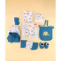 Babyhug Premium 100% Cotton Newborn Gift Set  11 Pcs Clothing Hamper Duck Print - Yellow| Jhabla, Bib, Wrapper, Mittens, Booties, 3 Wash cloths & 2 Nappies| Gift Set for New Born Boys & Girls