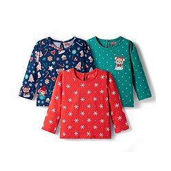 Babyhug 100% Cotton Knit Full Sleeves T-Shirts with Snowflakes & Reindeer Print Pack of 3 - Green Red & Navy Blue