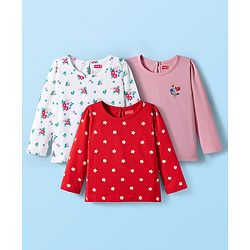 Babyhug 100% Cotton Knit Full Sleeves T-Shirts with Floral Print Pack of 3 - Red White & Pink