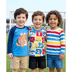 Babyhug 100% Cotton Knit Full Raglan Sleeves T-Shirts with Stripes & Animal Print Pack of 3 - White & Blue