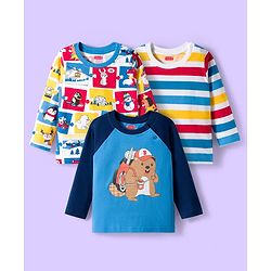 Babyhug 100% Cotton Knit Full Raglan Sleeves T-Shirts with Stripes & Animal Print Pack of 3 - White & Blue