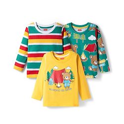 Babyhug 100% Cotton Knit Full Sleeves T-Shirts with Stripes & Animal Print Pack of 3 - Green & Yellow