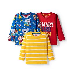 Babyhug 100% Cotton Knit Full Sleeves T-Shirts with Stripes & Animal Print Pack of 3 - Blue Red & Yellow