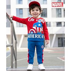 Babyhug Marvel Single Jersey Knit Full Sleeves T-Shirt & Trackpant Set with Captain America Graphic & Badge Detailing - Red & Blue