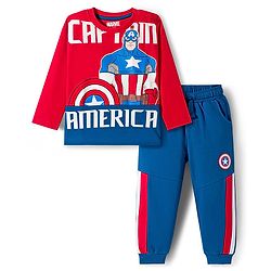Babyhug Marvel Single Jersey Knit Full Sleeves T-Shirt & Trackpant Set with Captain America Graphic & Badge Detailing - Red & Blue