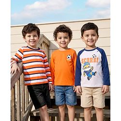 Babyhug 100% Cotton Knit Full Raglan Sleeves T-Shirts with Stripes & Animal Print Pack of 3 - Orange & Navy Blue