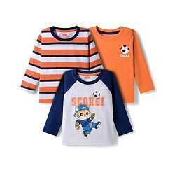 Babyhug 100% Cotton Knit Full Raglan Sleeves T-Shirts with Stripes & Animal Print Pack of 3 - Orange & Navy Blue
