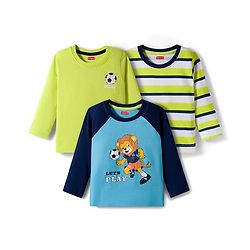 Babyhug 100% Cotton Knit Full Raglan Sleeves T-Shirts with Stripes & Animal Print Pack of 3 - Neon Green & Light Blue