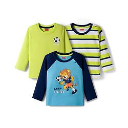 Babyhug 100% Cotton Knit Full Raglan Sleeves T-Shirts with Stripes & Animal Print Pack of 3 - Neon Green & Light Blue