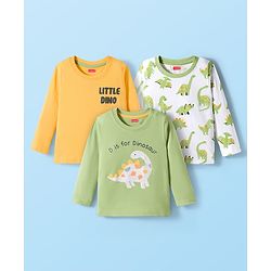 Babyhug 100% Cotton Knit Full Sleeves T-Shirts with Dino Print Pack of 3 - Yellow Light Green & White