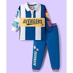 Babyhug Marvel Single Jersey Knit Full Sleeves Cut & Sew Sweatshirt & Trackpant Set with Avengers Graphics - Blue & White