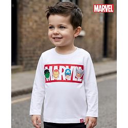 Babyhug Marvel Single Jersey Knit Full Sleeves T-Shirt with Avengers Graphic with Badge Detailing - White