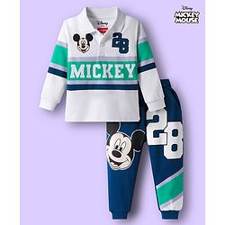 Babyhug Disney Single Jersey Knit Full Sleeves Cut & Sew Polo Neck T-Shirt & Trackpant Set with Mickey Mouse Graphics - White & Navy Blue