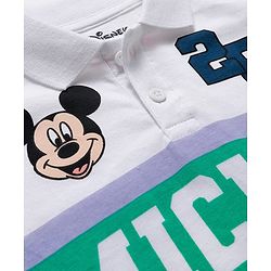 Babyhug Disney Single Jersey Knit Full Sleeves Cut & Sew Polo Neck T-Shirt & Trackpant Set with Mickey Mouse Graphics - White & Navy Blue