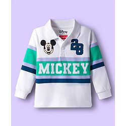 Babyhug Disney Single Jersey Knit Full Sleeves Cut & Sew Polo Neck T-Shirt & Trackpant Set with Mickey Mouse Graphics - White & Navy Blue