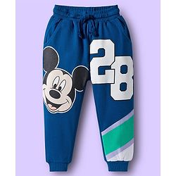 Babyhug Disney Single Jersey Knit Full Sleeves Cut & Sew Polo Neck T-Shirt & Trackpant Set with Mickey Mouse Graphics - White & Navy Blue