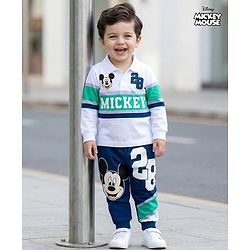 Babyhug Disney Single Jersey Knit Full Sleeves Cut & Sew Polo Neck T-Shirt & Trackpant Set with Mickey Mouse Graphics - White & Navy Blue