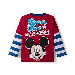 Babyhug Disney Single Jersey Knit Oversize Doctor Sleeves T-Shirt with Mickey Mouse Front and Back Graphic - Red Blue & White