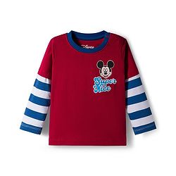 Babyhug Disney Single Jersey Knit Oversize Doctor Sleeves T-Shirt with Mickey Mouse Front and Back Graphic - Red Blue & White