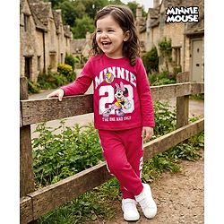 Babyhug Disney Single Jersey Knit Full Sleeves T-Shirt & Trackpant Set With Minnie Mouse Print - Dark Pink