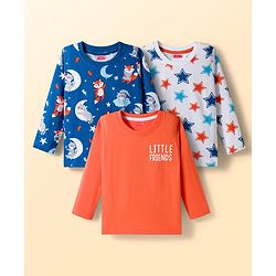 Babyhug 100% Cotton Knit Full  Sleeves T-Shirts with Star & Animal Print Pack of 3 - Orange & White Blue