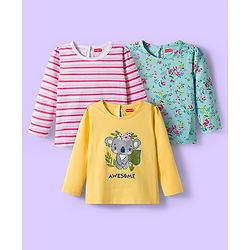Babyhug 100% Cotton Knit Full Sleeves T-Shirts with Stripes Animal & Floral Print Pack of 3 - Light Blue Pink & Yellow