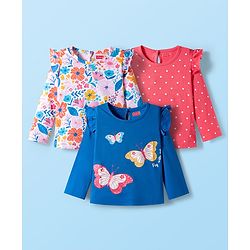 Babyhug 100% Cotton Knit Full Sleeves T-Shirts with Polka Dot Butterfly & Floral Print & Frill Detailing Pack of 3 - Pink Blue & White