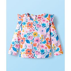 Babyhug 100% Cotton Knit Full Sleeves T-Shirts with Polka Dot Butterfly & Floral Print & Frill Detailing Pack of 3 - Pink Blue & White