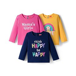 Babyhug 100% Cotton Knit Full Sleeves T-Shirts with Mamas Girl Text Print Pack of 3 - Pink Navy Blue & Yellow