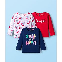 Babyhug 100% Cotton Knit Full Sleeves T-Shirts with Text & Heart Print Pack of 3 - Red White & Navy Blue