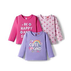 Babyhug 100% Cotton Knit Full Sleeves T-Shirts with Text & Floral Print Pack of 3 - Pink Lilac & Dark Pink