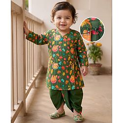 Babyhug Chiffon Woven Full Sleeves Kurta Dhoti Set with Floral Print - Green