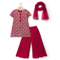 Babyhug Georgette Woven Half Sleeves Kurta Palazzo Set With Sequin Detailing & Dupatta - Dark Pink