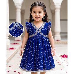 Babyhug Georgette Woven Sleeveless Ethnic Dress With Bandhani Print & Floral Embriodery - Blue