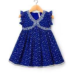 Babyhug Georgette Woven Sleeveless Ethnic Dress With Bandhani Print & Floral Embriodery - Blue