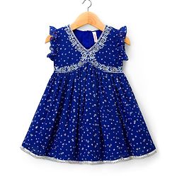 Babyhug Georgette Woven Sleeveless Ethnic Dress With Bandhani Print & Floral Embriodery - Blue