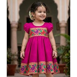 Babyhug Woven Half Sleeves Ethnic Dress With Brocade Design - Fuschia